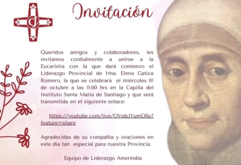 Convite para Missa que dara inicio da Nova lider Provincial- Elena Gatica