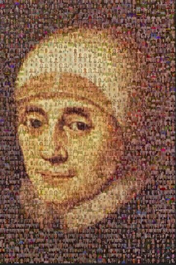 Imagem em estilo de retrato histórico de uma mulher usando véu, composta como mosaico formado por muitas pequenas fotos de irmãs do IBVM e da CJ. O mosaico recria um retrato tradicionalmente associado à fundadora das congregações.